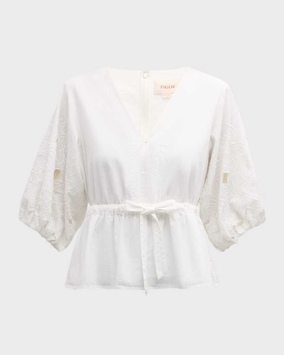 Joyce Floral Embroidered Short-Sleeve Waist-Tie Peplum Top